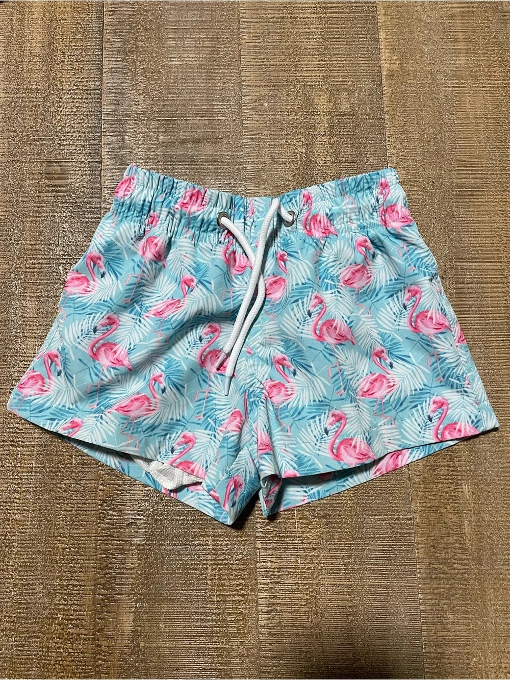 Kids Pink Flamingo Swim Trunks - Lightweight Blue Print